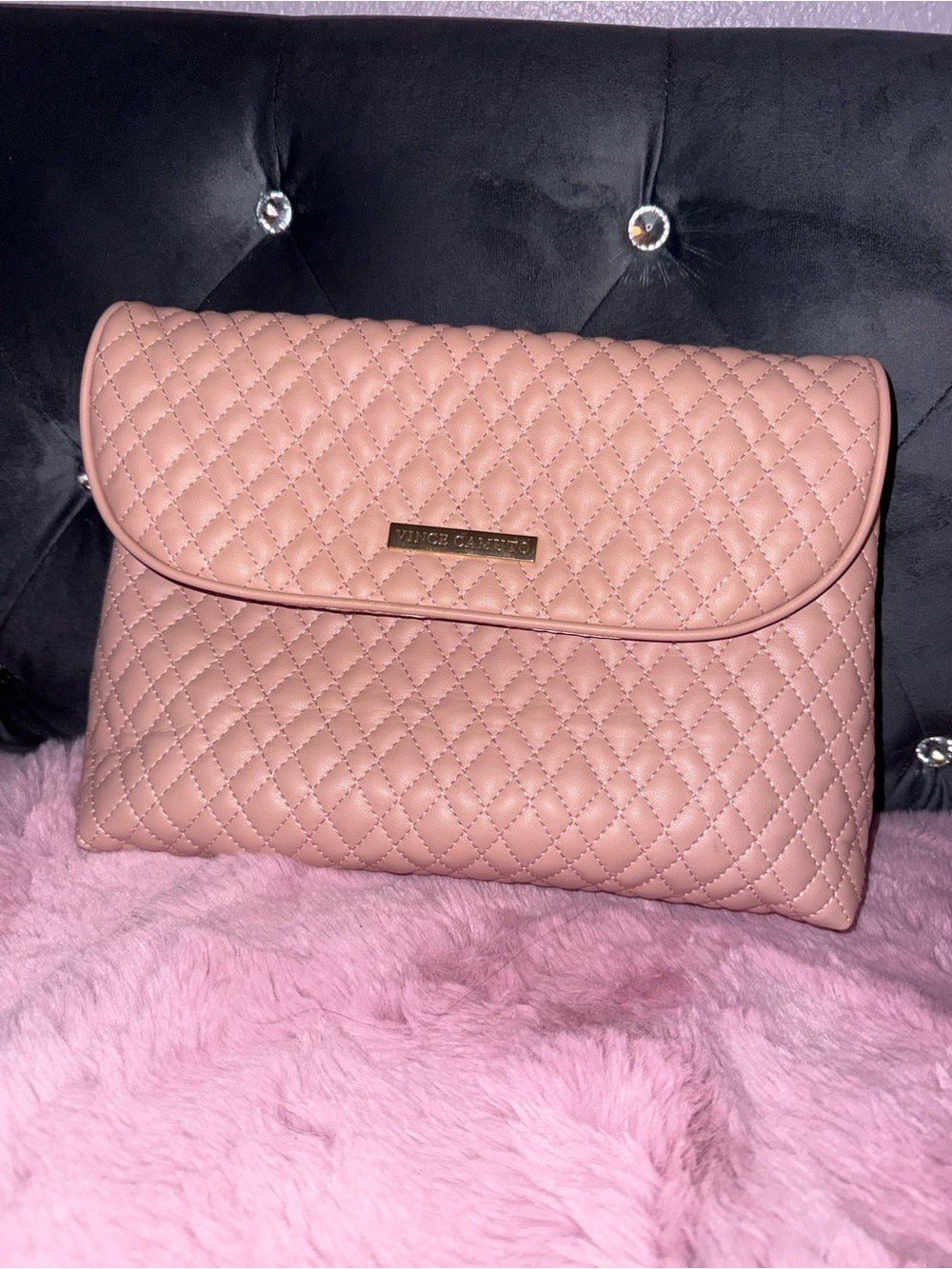 Vince Camuto beige blush pink faux leather cosmetic bag